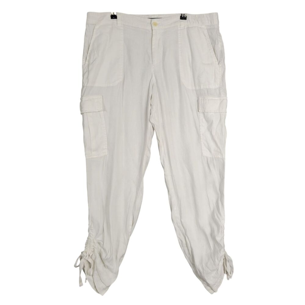 LAUREN RALPH LAUREN White Linen Blend Ruched Ankle Cropped Cargo Pants SIZE 14
